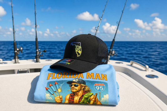 True Local hat and Florida Man performance shirt on fishing boat - what to wear fishing in Florida