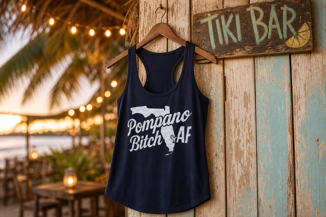 Pompano Bitch AF racerback tank top at tiki bar Pompano Beach Florida
