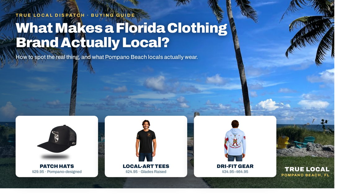 Local Florida clothing brand True Local: hat, tee and dri-fit shirt over a palm-lined Pompano Beach access path