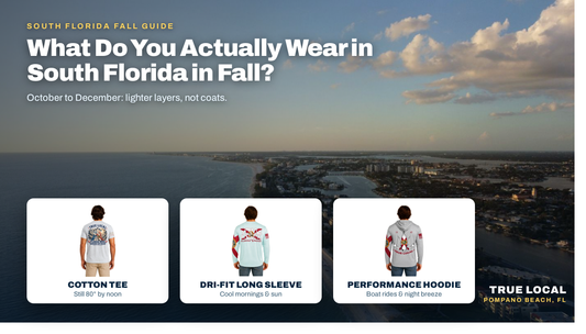 What to wear in South Florida in fall: True Local tee, dri-fit long sleeve and performance hoodie over a golden-hour Florida coastline