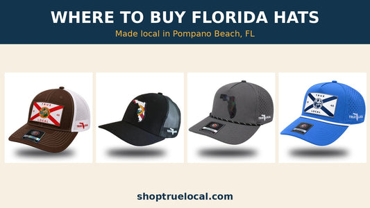 Four True Local Florida flag hats: woven flag trucker, PVC state flag trucker, gray rope hat and blue performance flag hat