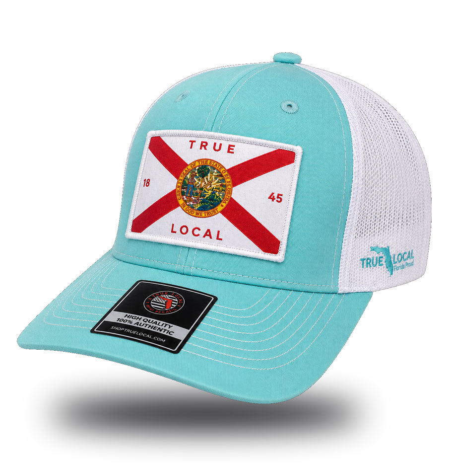 Florida state flag woven patch trucker hat in aqua