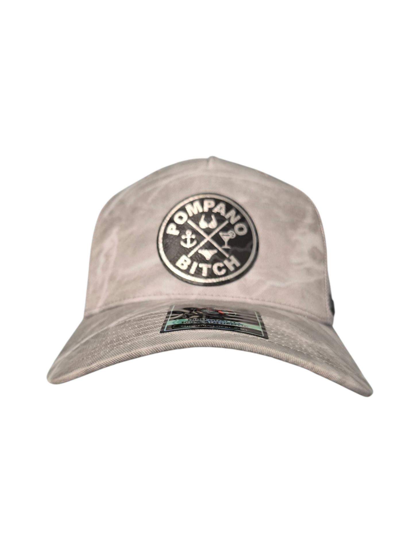 "Bikini" trucker hat, Light Grey mesh back with Grey Duck Camo front, Dark Grey Camo leatherette patch