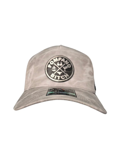Pompano Bitch camo baseball cap with anchor and cocktail design, Florida local pride apparel