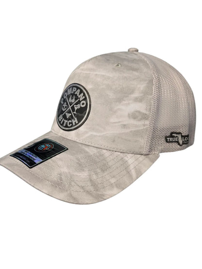 Pompano Bitch camo trucker hat with Florida pride patch, local apparel for beach lovers