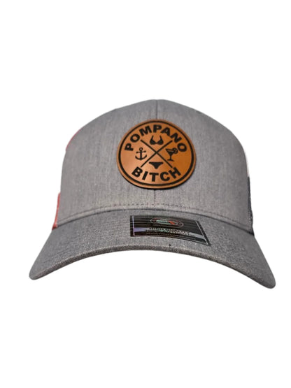 Gray Pompano Beach hat with bold 'Pompano Bitch' patch, anchor & cocktail design, Florida local pride apparel