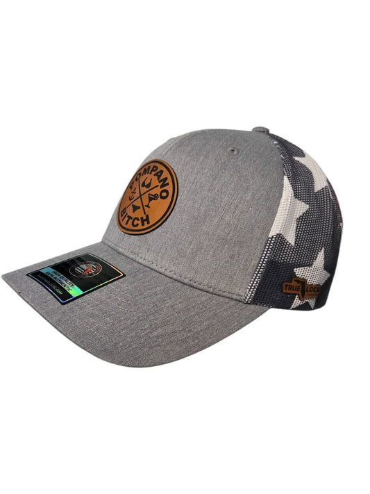 Gray Pompano Bitch trucker hat with star mesh back, Florida local pride apparel
