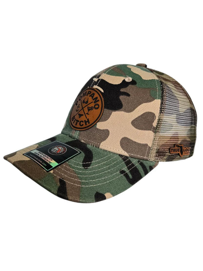 Camouflage trucker hat with 'Pompano Bitch' patch, Florida pride design, mesh back, local apparel