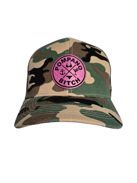 "Bikini" trucker hat, Camo mesh back with Camo front, Pink leatherette patch