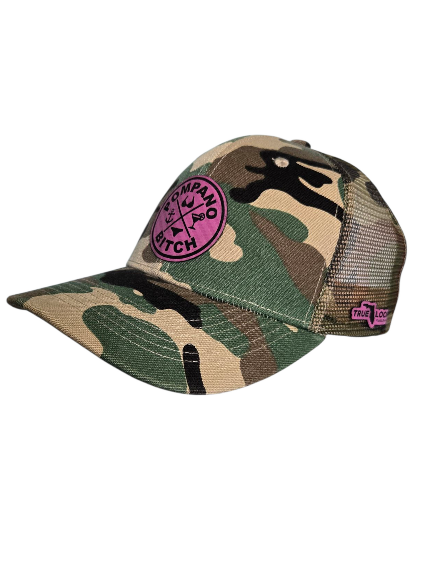"Bikini" trucker hat, Camo mesh back with Camo front, Pink leatherette patch