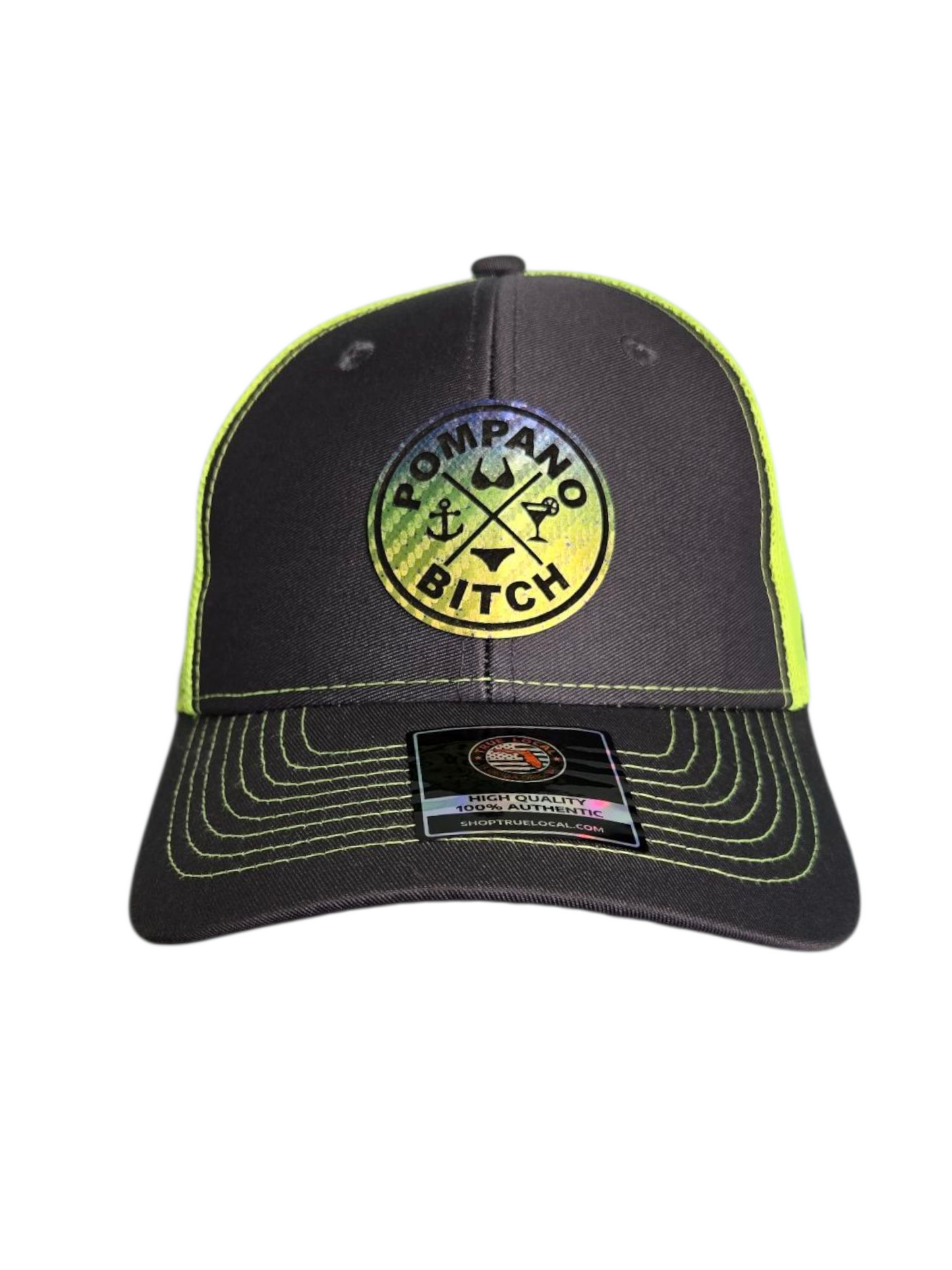 "Bikini" trucker hat, Neon Yellow mesh back with Dark Grey front, Mahi Mahi leatherette patch