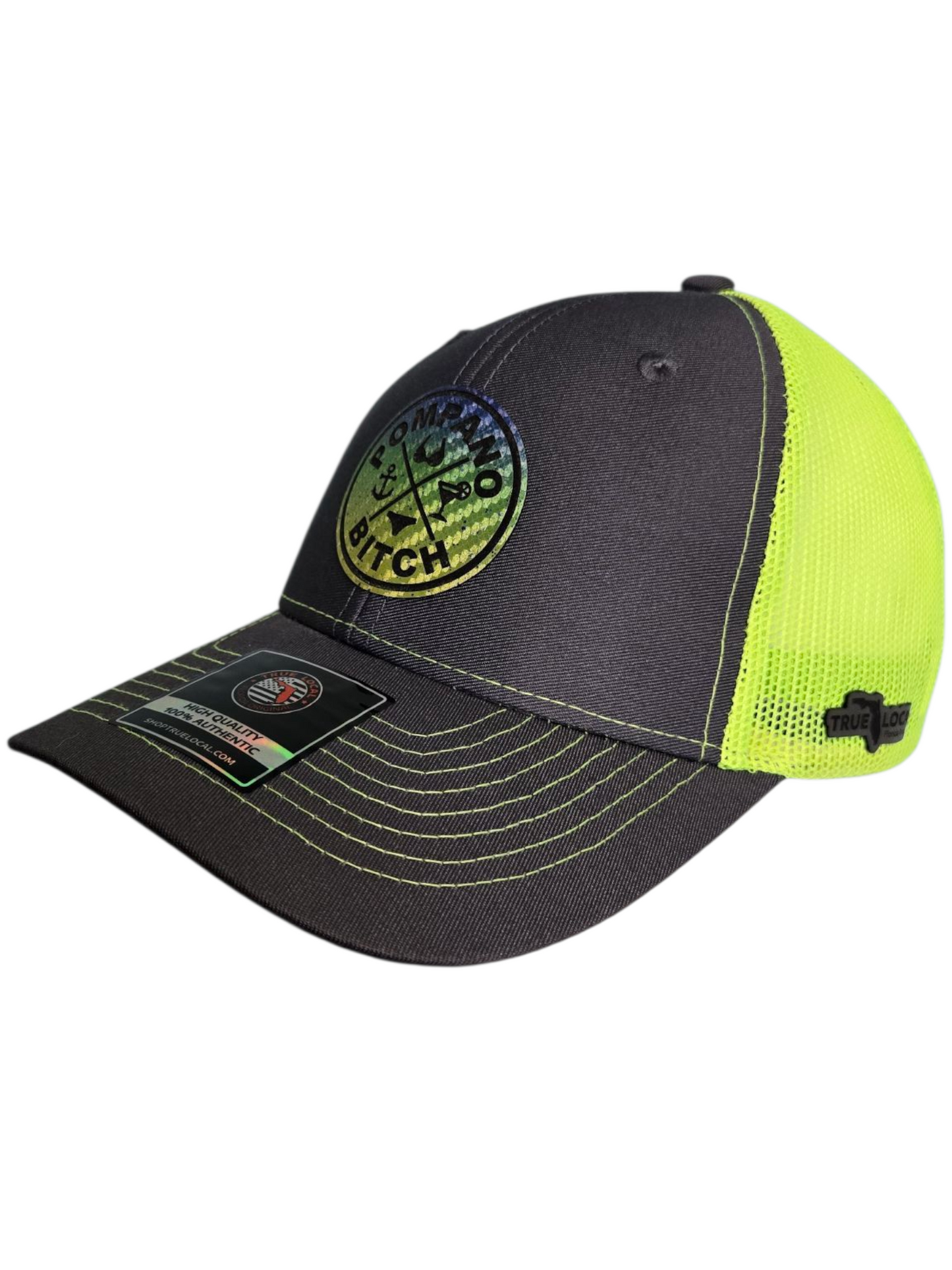 "Bikini" trucker hat, Neon Yellow mesh back with Dark Grey front, Mahi Mahi leatherette patch
