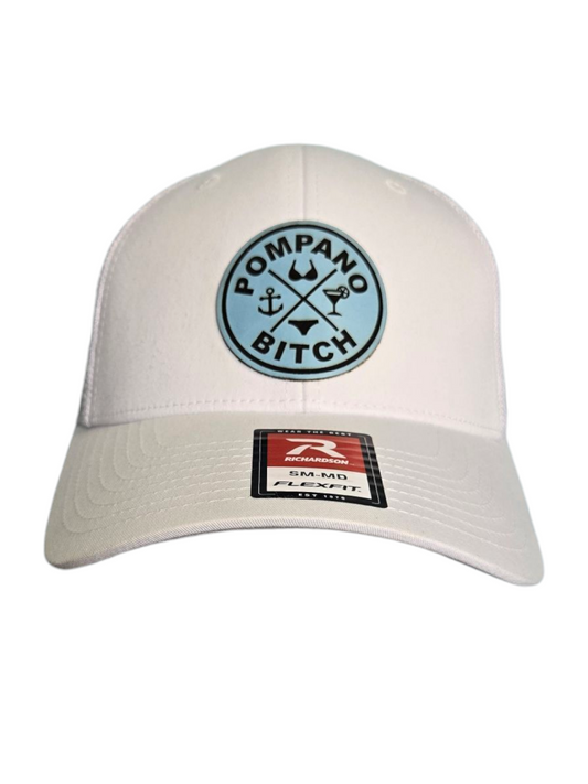 "Bikini" trucker hat, White mesh back with White front, Light Blue leatherette patch
