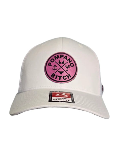 White Pompano Beach hat with pink 'Pompano Bitch' logo, anchor & martini design, Richardson Flexfit cap