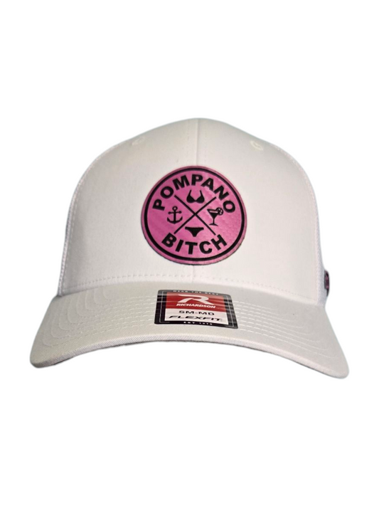 "Bikini" trucker hat, White mesh back with White front, Pink leatherette patch