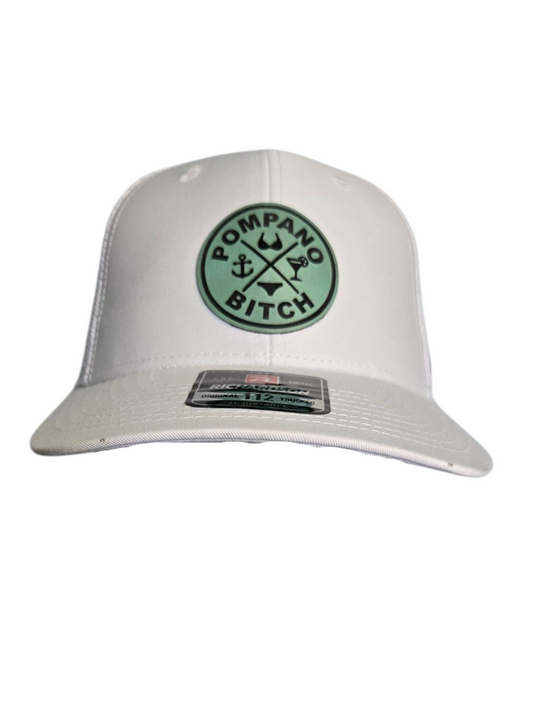 "Bikini" trucker hat, White mesh back with White front, Sea Foam Green leatherette patch