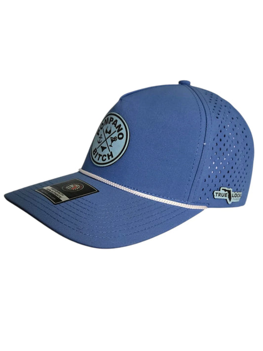 Blue Pompano Bitch cap with perforated back and True Local Florida patch, bold local pride apparel