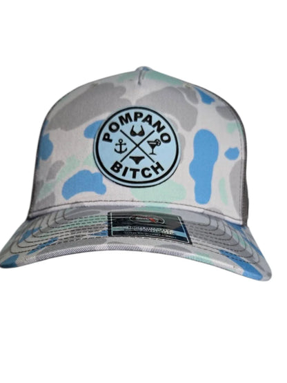 Pompano Bitch camo trucker hat with anchor and drink icons, Florida beach style apparel