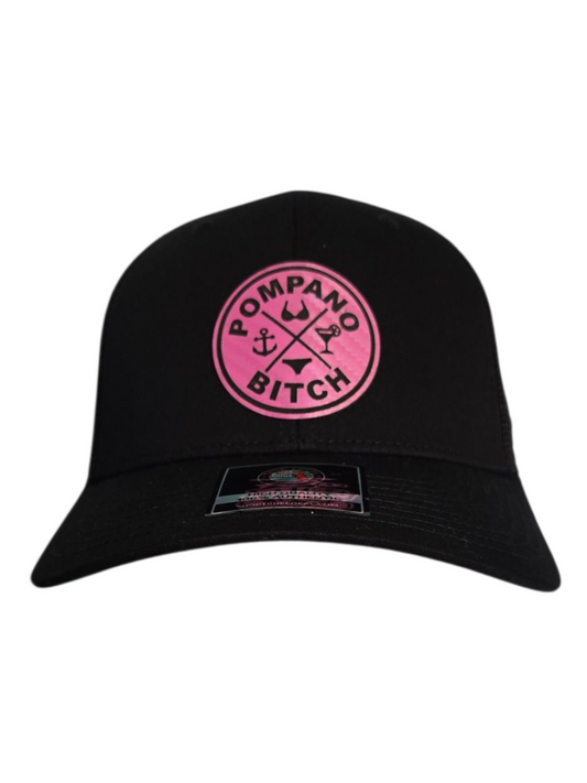 "Bikini" trucker hat, Black mesh back with Black front, Pink leatherette patch