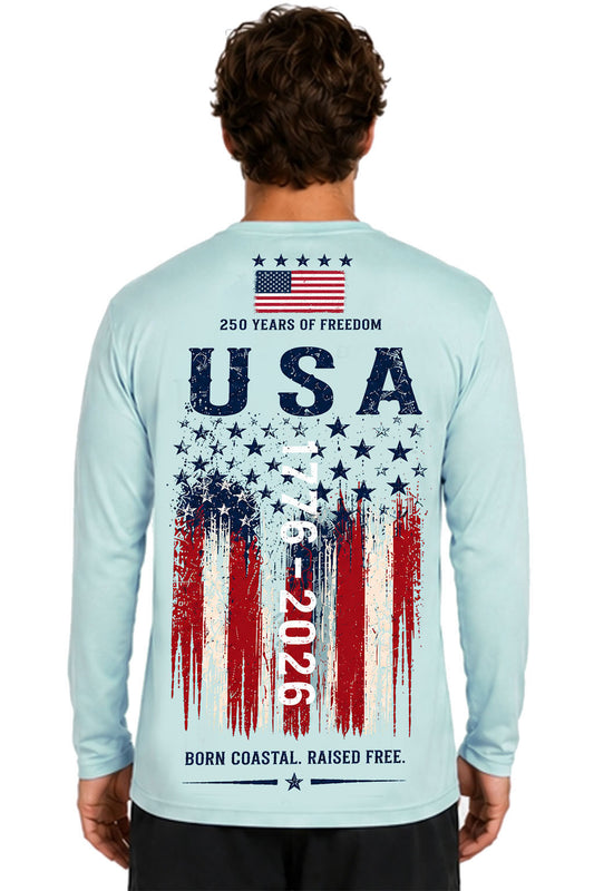 USA 250th Anniversary American flag long sleeve shirt back view - Born Coastal Raised Free print