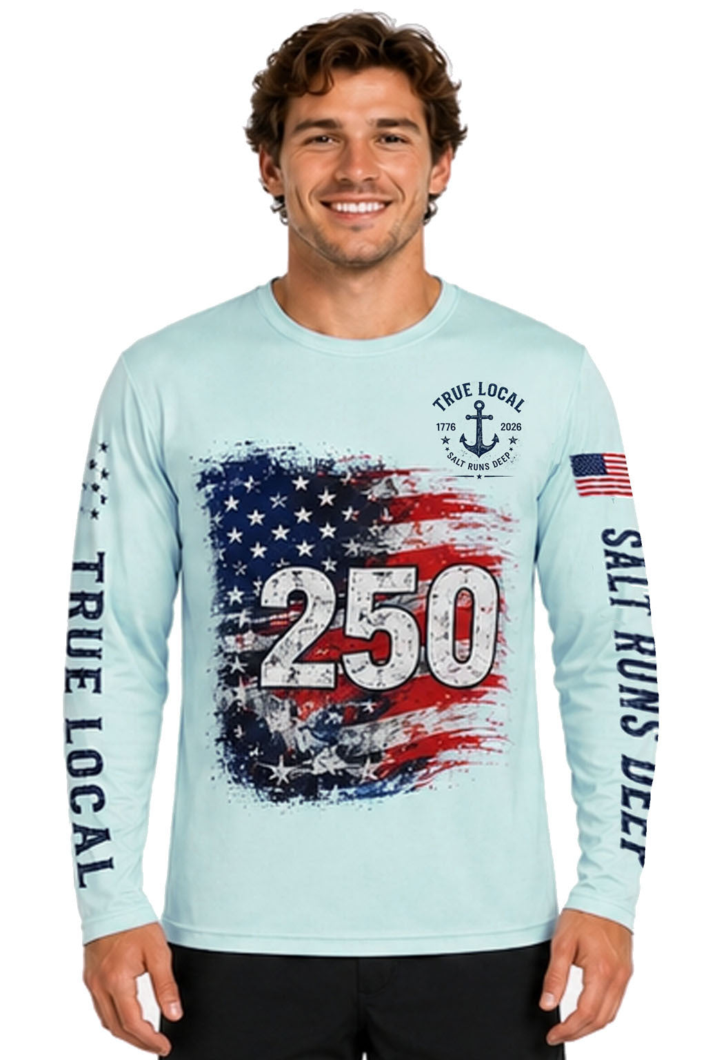 USA 250th Anniversary American flag dri-fit long sleeve sun shirt front view - 1776-2026 patriotic design Arctic Blue