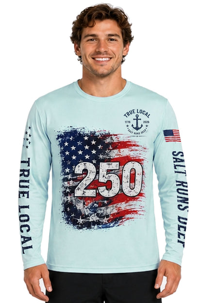 USA 250th Anniversary American flag dri-fit long sleeve sun shirt front view - 1776-2026 patriotic design Arctic Blue
