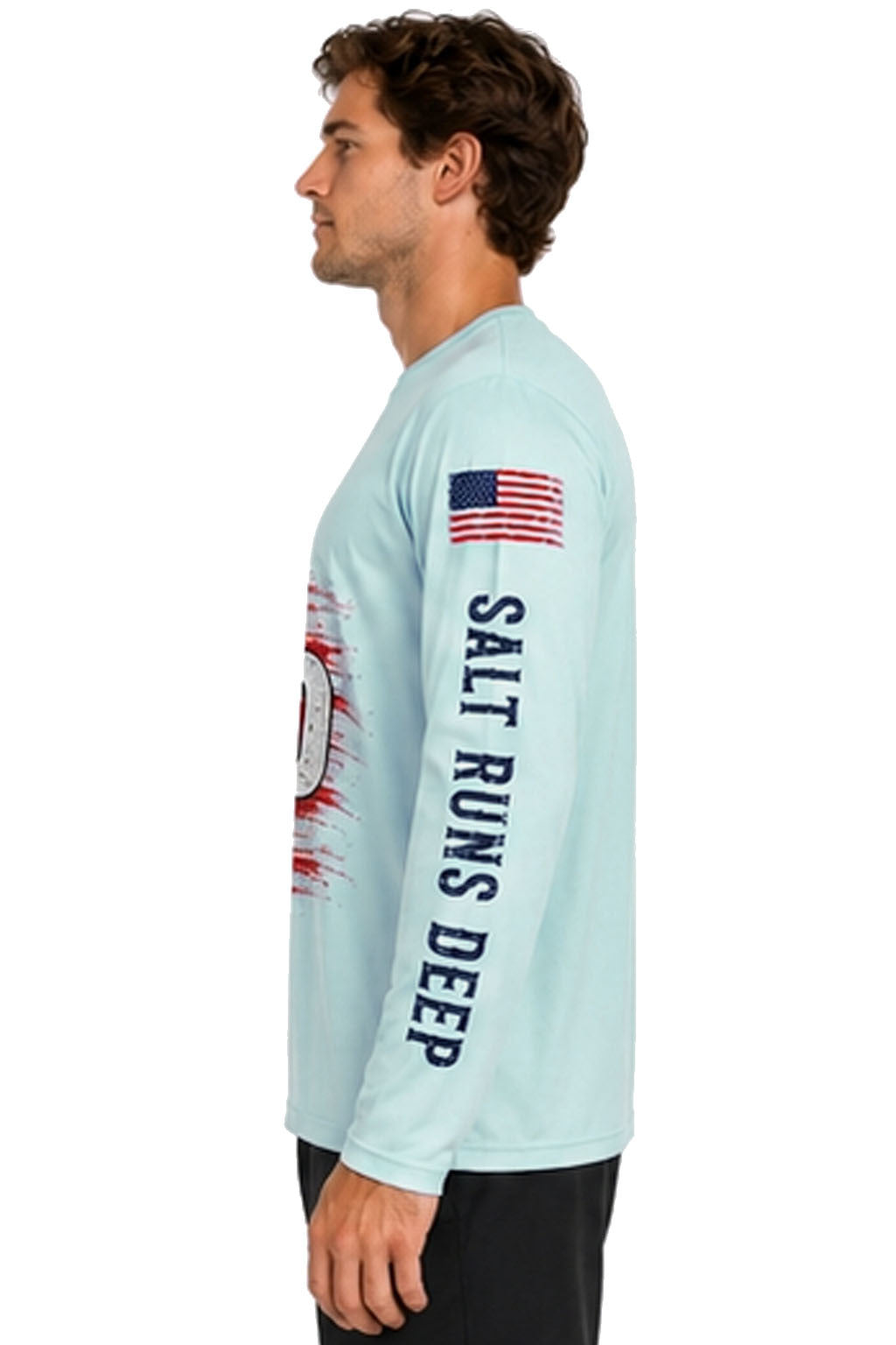 USA 250th Anniversary patriotic UPF dri-fit long sleeve left side view - distressed American flag