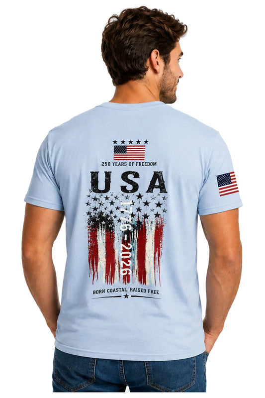 Men's light blue USA flag t-shirt with '250 Years of Freedom' and 'Born Coastal, Raised Free' design