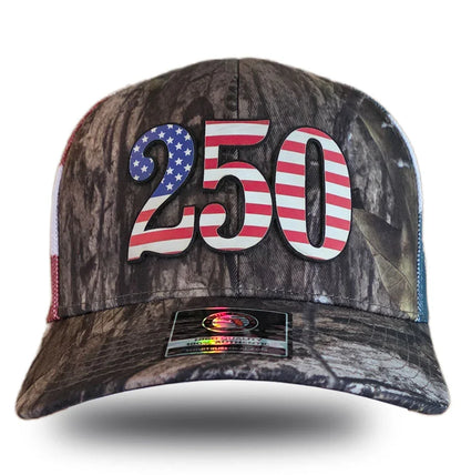Camo trucker hat with '250' in American flag design, bold patriotic Florida apparel
