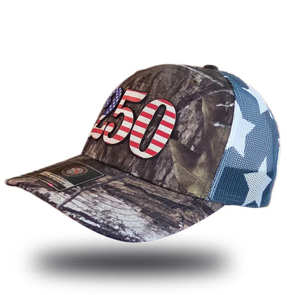 Camouflage trucker hat with USA flag '50' design, patriotic American style cap
