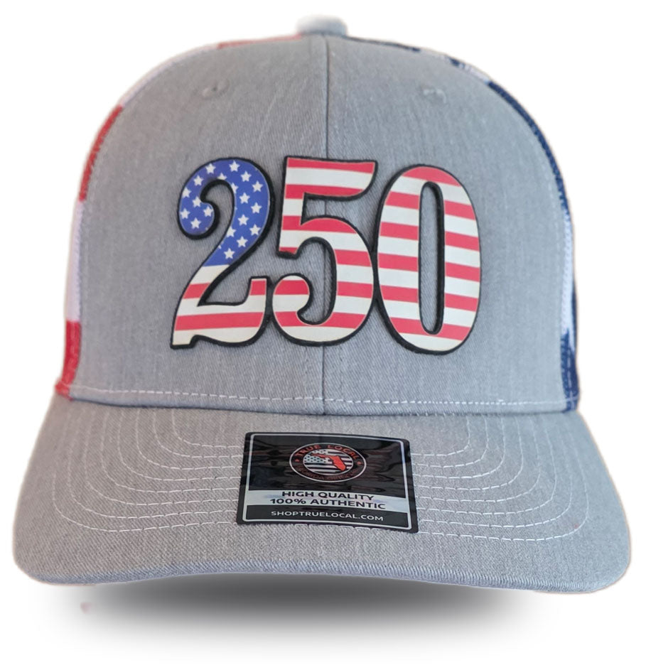 Gray cap with American flag design and number 250 on a white background