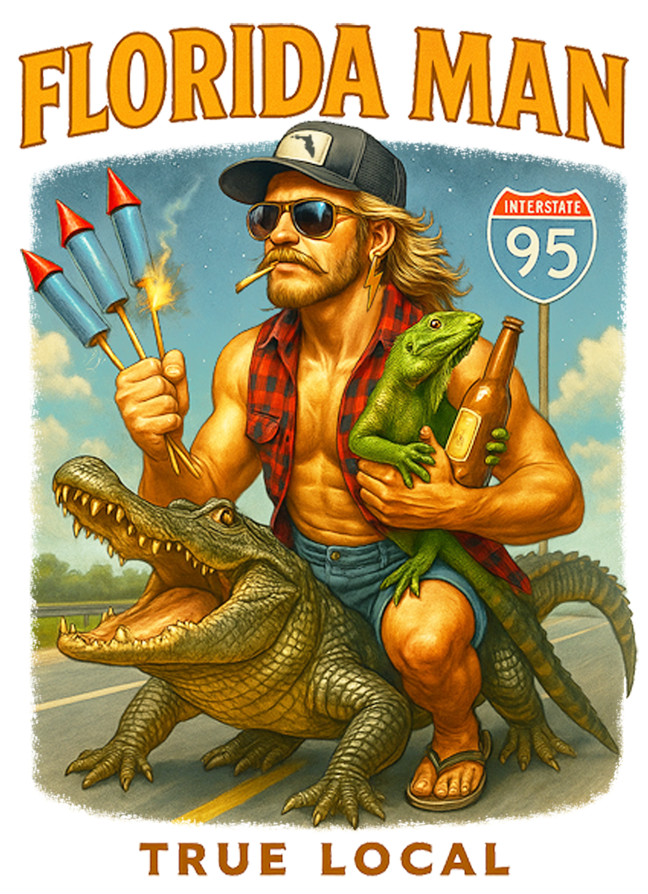 Florida Man UV Sticker White Background - Riding Alligator on I-95 - True Local
