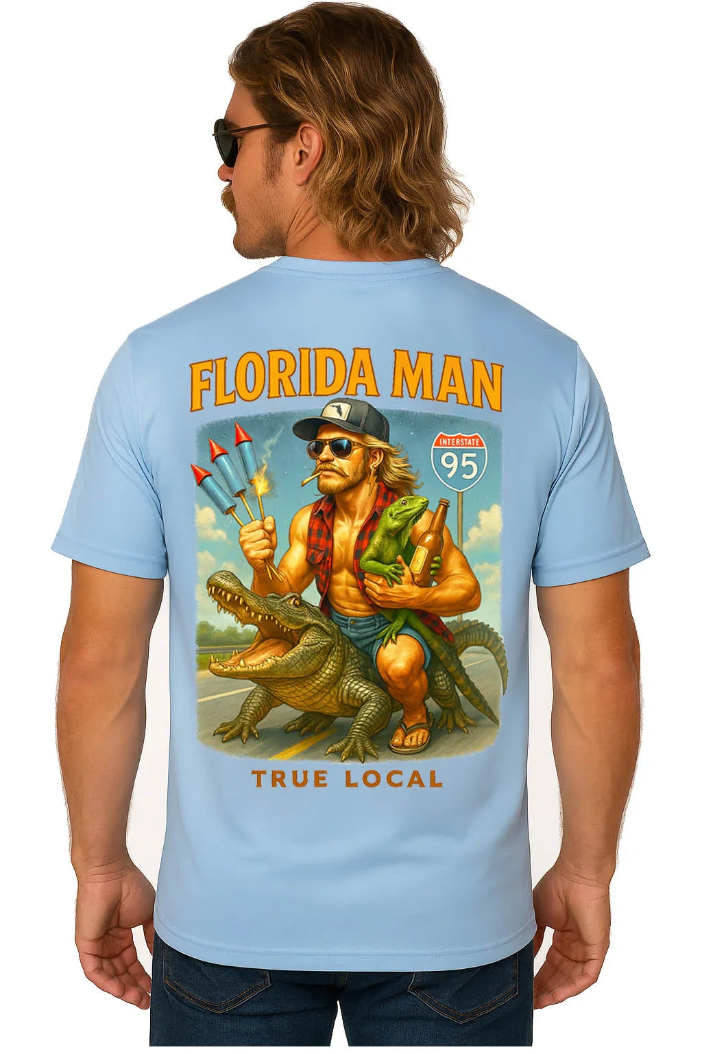 Florida Man graphic tee with alligator, iguana, fireworks, and I-95 sign, True Local design