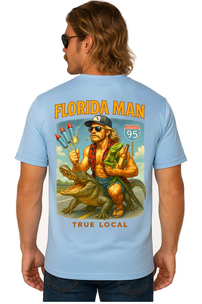 Florida Man graphic tee with alligator, iguana, fireworks, and I-95 sign, True Local design