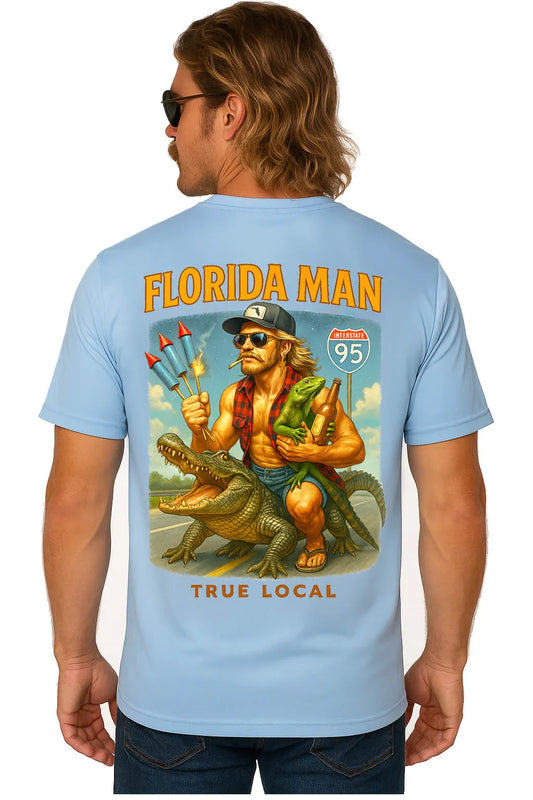 Florida Man graphic tee with alligator, iguana, fireworks, and I-95 sign, True Local design