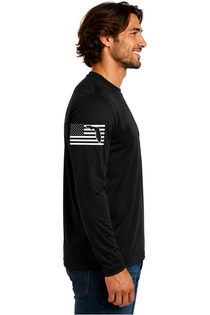 True Local Gunshine State Florida pistol flag black dri-fit long sleeve detail closeup