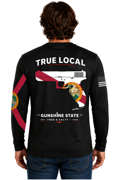 True Local Gunshine State Florida pistol flag black dri-fit performance long sleeve front view