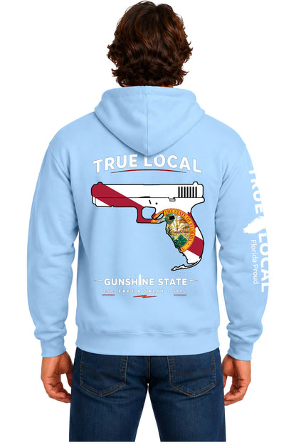 Light blue Gunshine State hoodie sweatshirt back with Florida flag pistol, state-shaped grip, True Local and Gunshine State Est. Free & Salty 1845 text