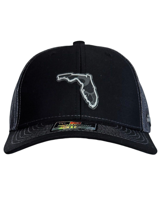 State of Florida Small Patch - Black front, Charcoal Grey back hat with Black and Grey camo leather patch