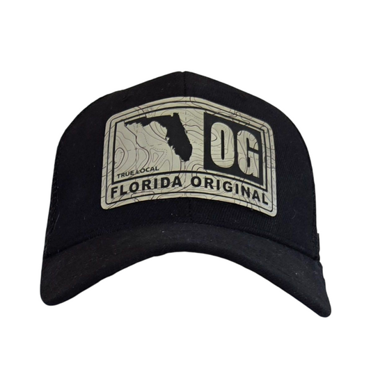 Florida OG- Black hat with Topographical Leather Patch
