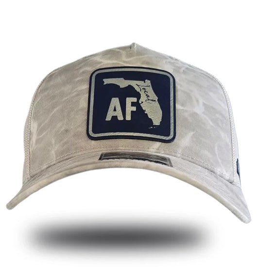 Beige camo trucker hat with Florida AF patch, bold local pride apparel for Florida community