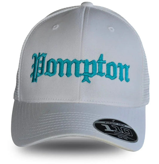 White Pompton trucker hat with teal embroidery, Flexfit 110 tech, local Florida pride apparel