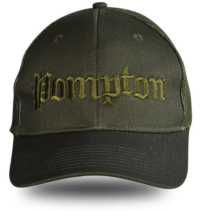 Olive green trucker hat with embroidered 'Pompton' in vintage script, perfect for local pride apparel.
