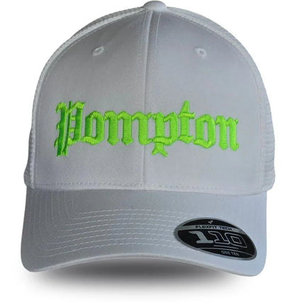 White trucker hat with neon green 'Pompton' embroidery, Flexfit 110 label, local pride apparel