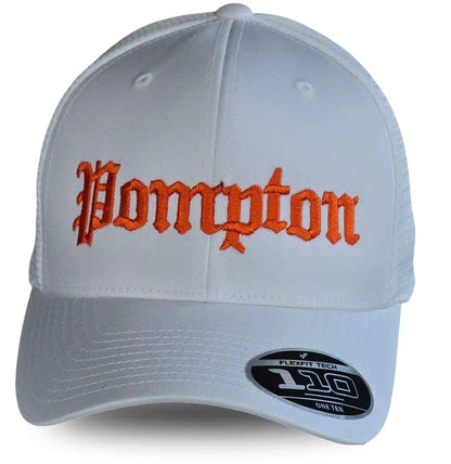 White Pompton hat with orange gothic embroidery, Flexfit 110 tech, local pride apparel