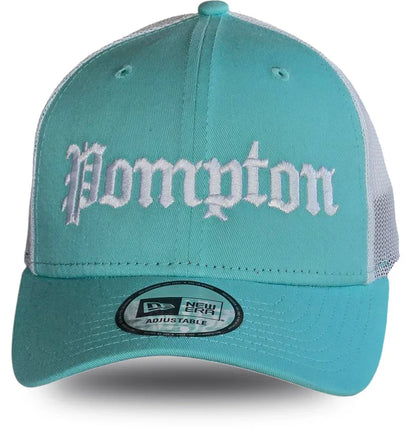 Teal Pompton trucker hat with white gothic embroidery, adjustable New Era cap for Florida local pride