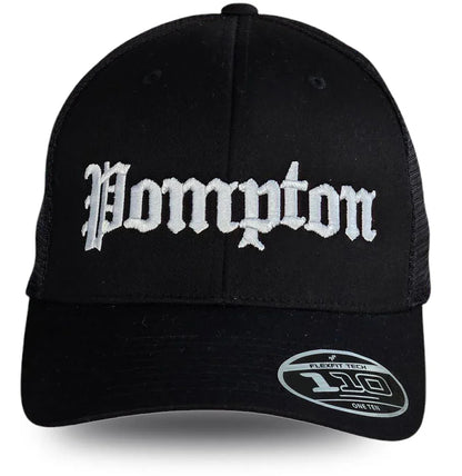 Black Pompton trucker hat with white gothic embroidery, Flexfit 110 tech, local pride apparel