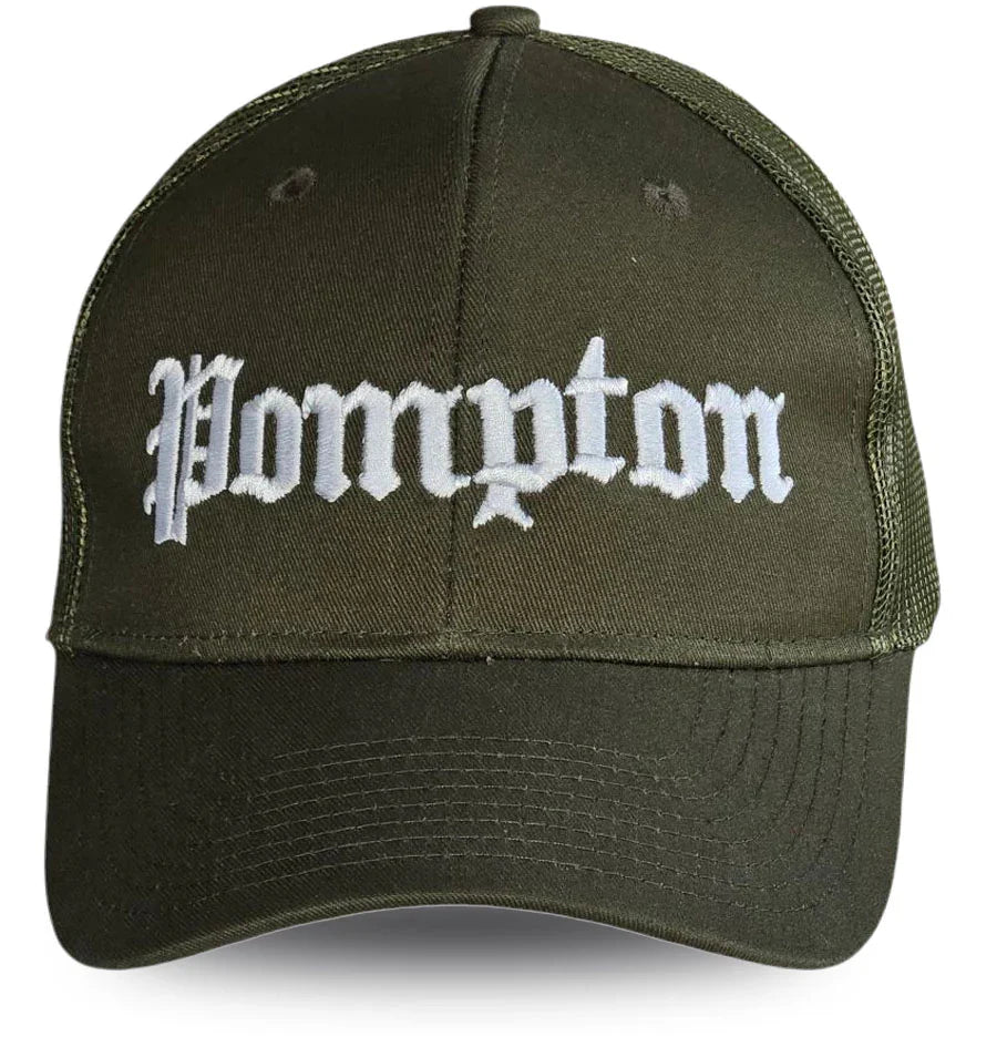 Olive green trucker hat with 'Pompton' in white gothic script, local pride apparel
