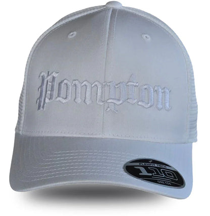 White Pompton trucker hat with embroidered gothic lettering, Flexfit Tech 110 label, mesh back design
