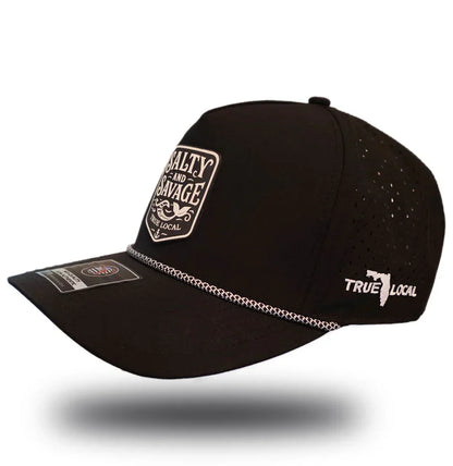 Black Salty and Savage True Local cap with perforated sides and chain trim, Florida-themed apparel